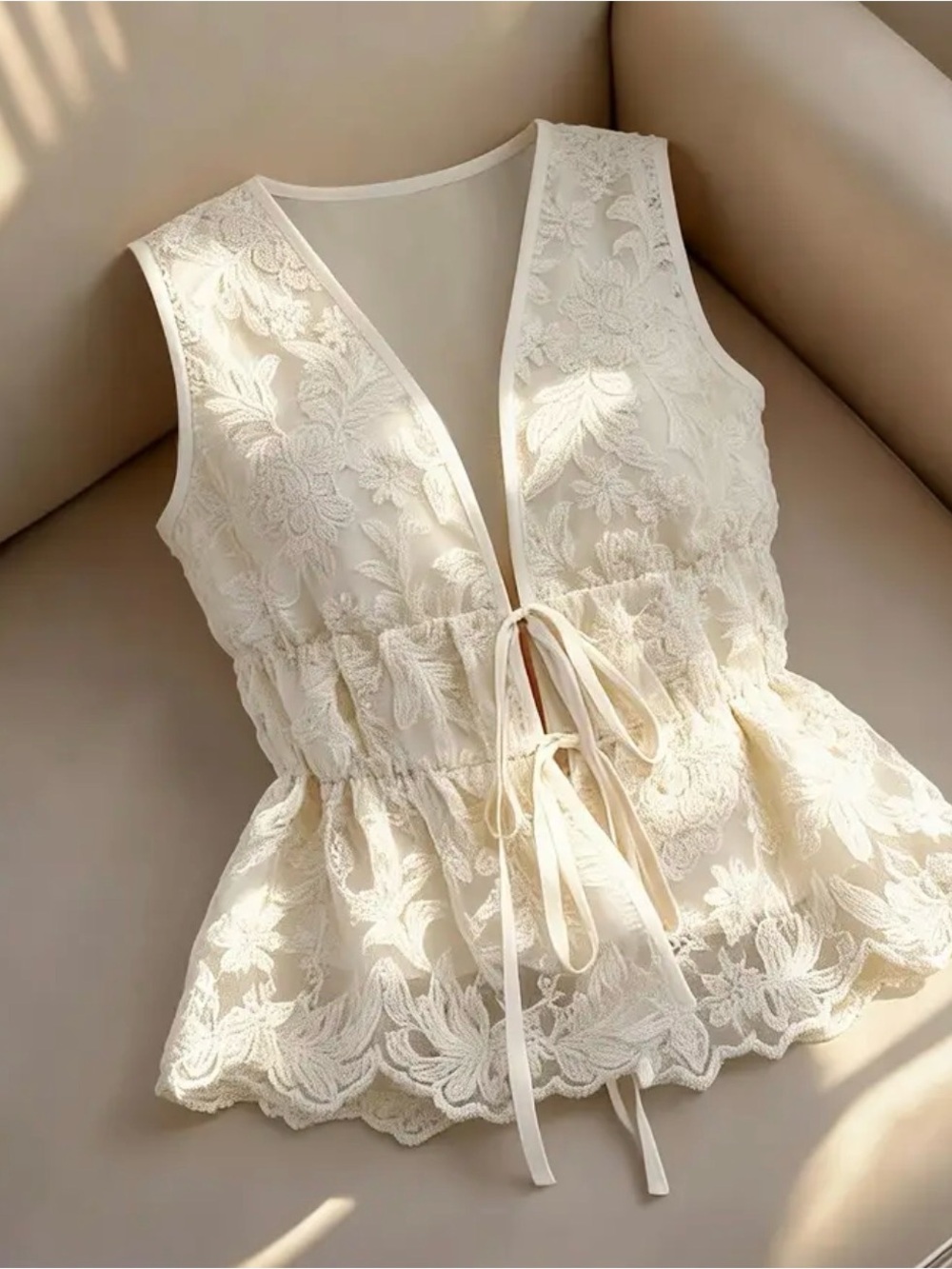Ivory Lace Tie-Front Peplum Top - Picture 1 of 3
